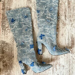 Denim Blue Butterfly High Boots